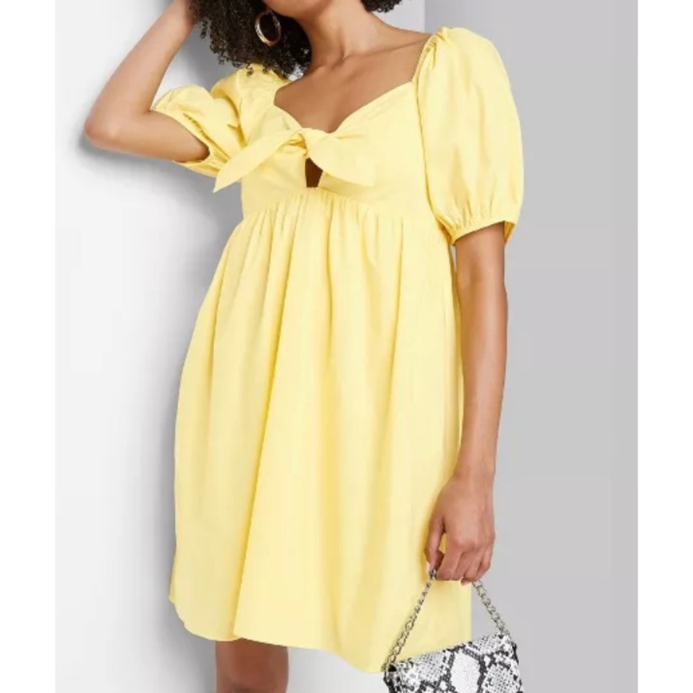 WILD FABLE Babydoll Dress BRIGHT YELLOW Smocked Back KEYHOLE TIE FRONT Lined M